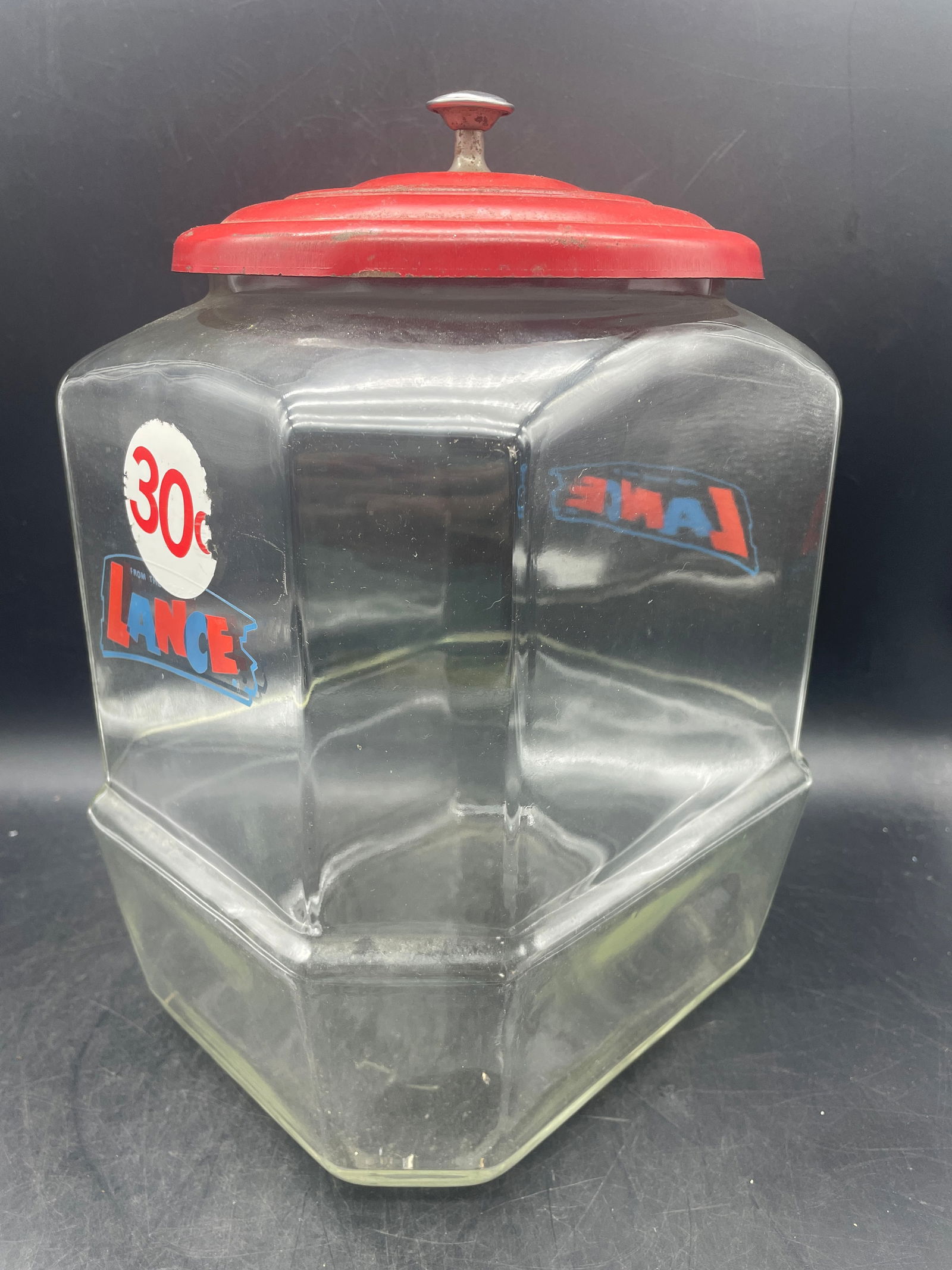 Vintage 8-Sided Lance Glass Display Counter Cookie Cracker Jar w/ Red Metal Lid - 3