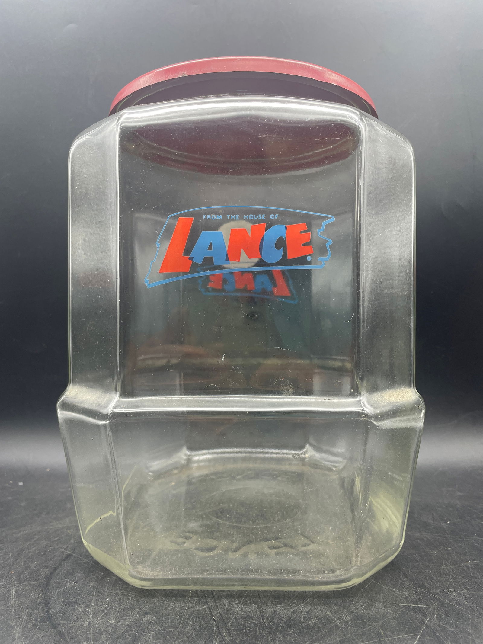 Vintage 8-Sided Lance Glass Display Counter Cookie Cracker Jar w/ Red Metal Lid - 5