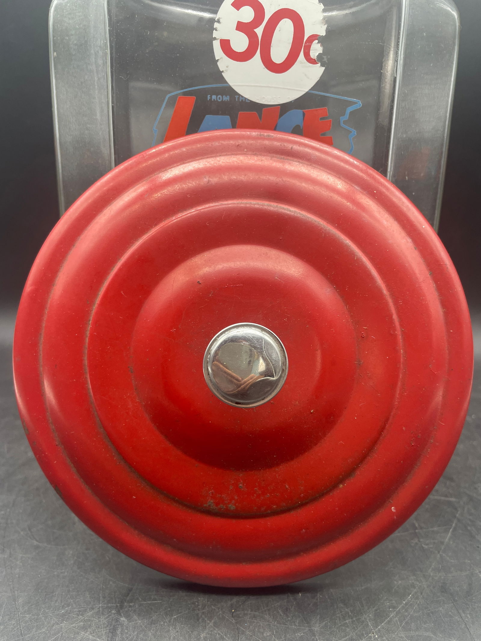 Vintage 8-Sided Lance Glass Display Counter Cookie Cracker Jar w/ Red Metal Lid - 6