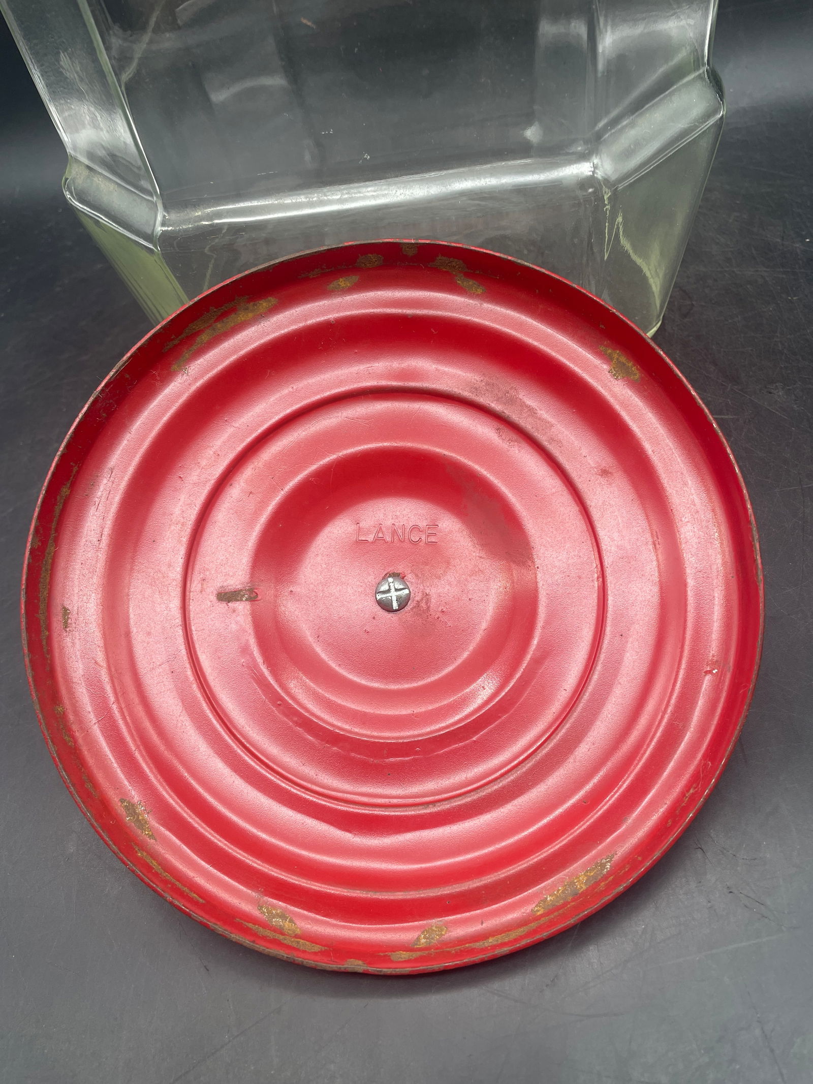 Vintage 8-Sided Lance Glass Display Counter Cookie Cracker Jar w/ Red Metal Lid - 7