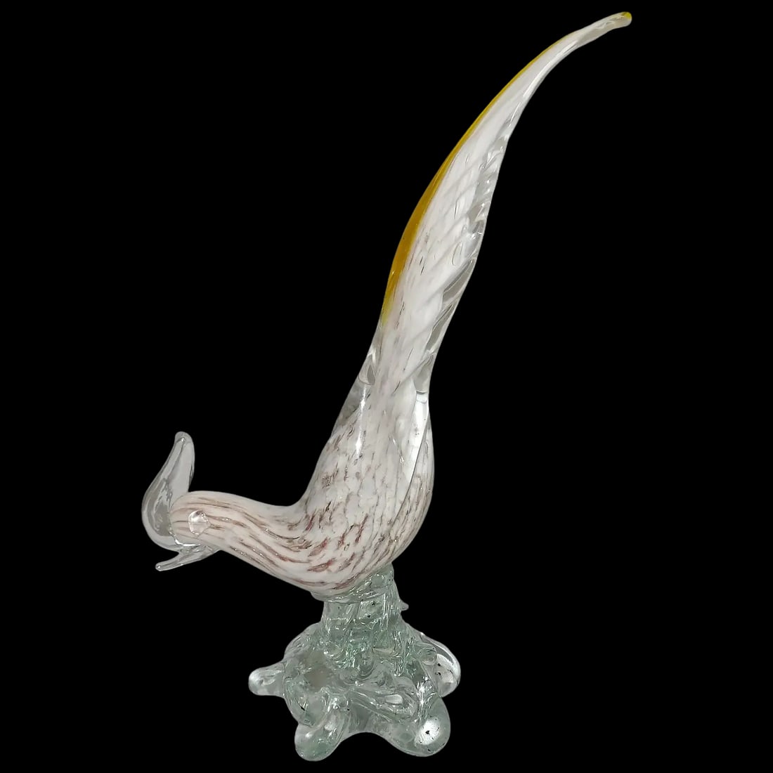 Murano Pheasant White with Gold Aventurine and Yellow on Tail: This Murano Pheasant White with Gold Aventurine and Yellow on Tail is encased in clear glass with a clear base. Avventurina or (Aventurine in English) is one of the most popular Murano Glass technique