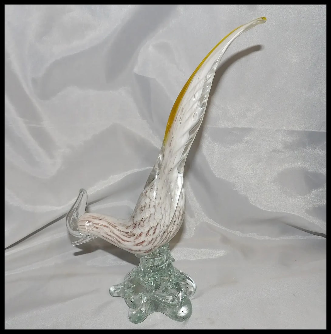 Murano Pheasant White with Gold Aventurine and Yellow on Tail - 2