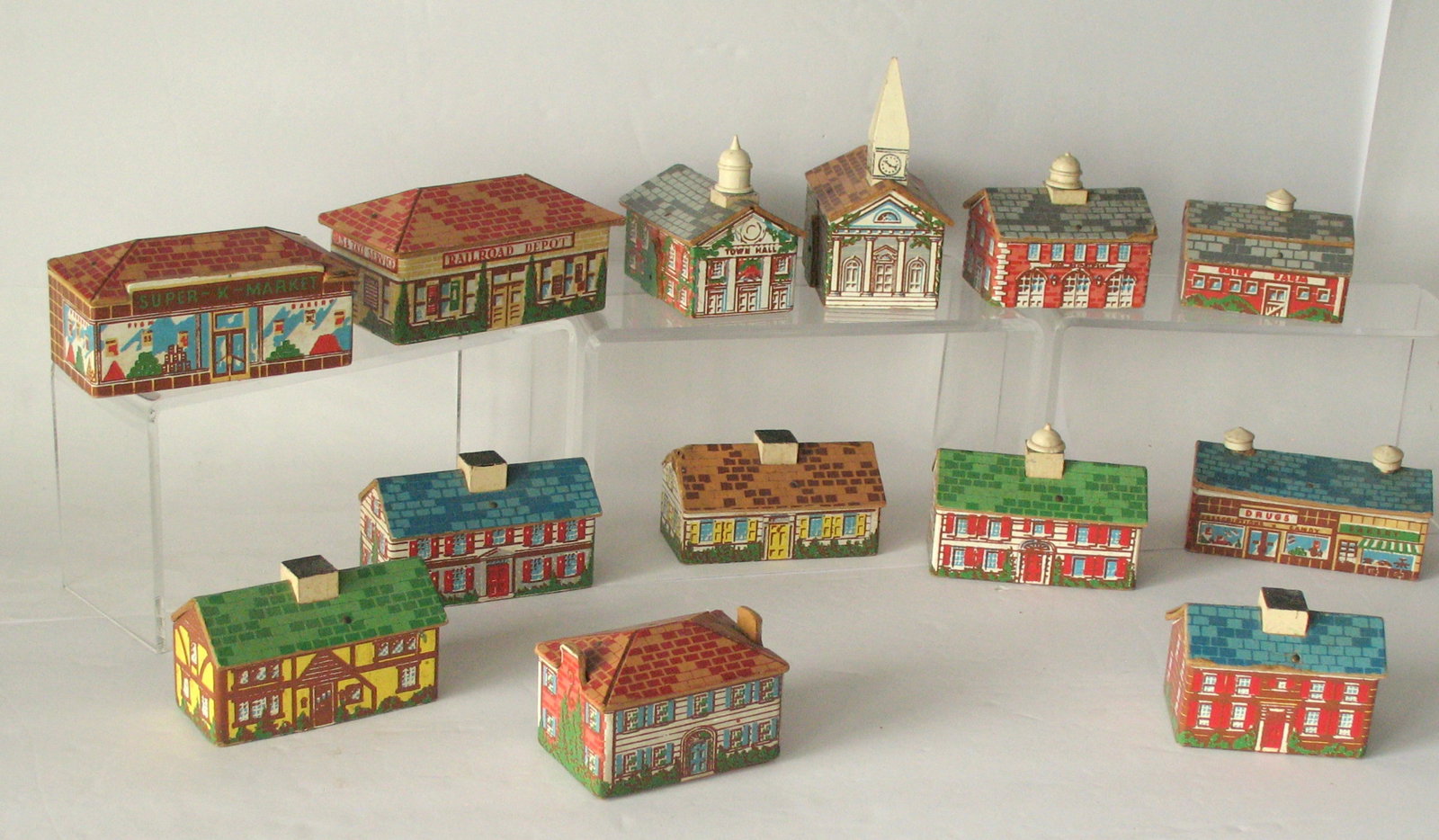 Group of antique wood & cardboard buildings (1 of 13)