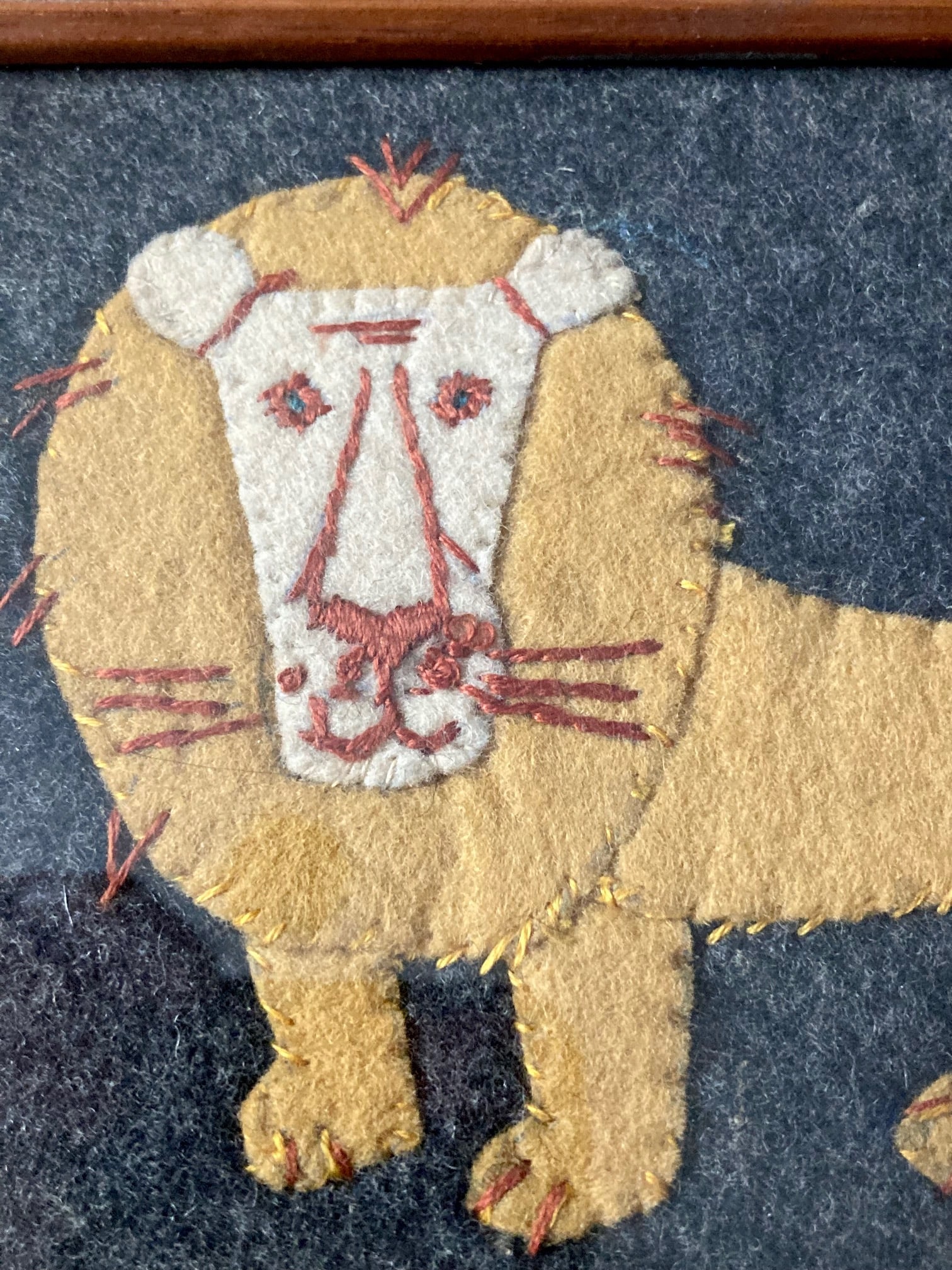 Mid 20thc hand made felt lion stitched on dark grey felt - 2