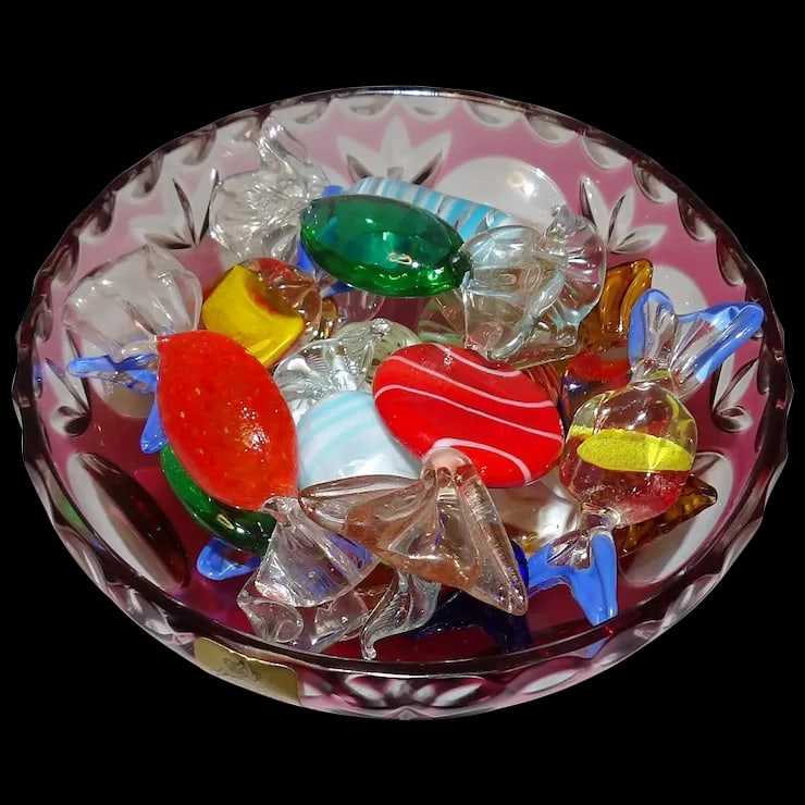Bleikristall Cranberry Candy Bowl with Murano Glass Candies: This Bleikristall Cranberry Candy Bowl with Murano Glass Candies is in excellent condition. NO chips, stains, etc. on the bowl. The bowl still has it original foil sticker from W. Germany which ceased