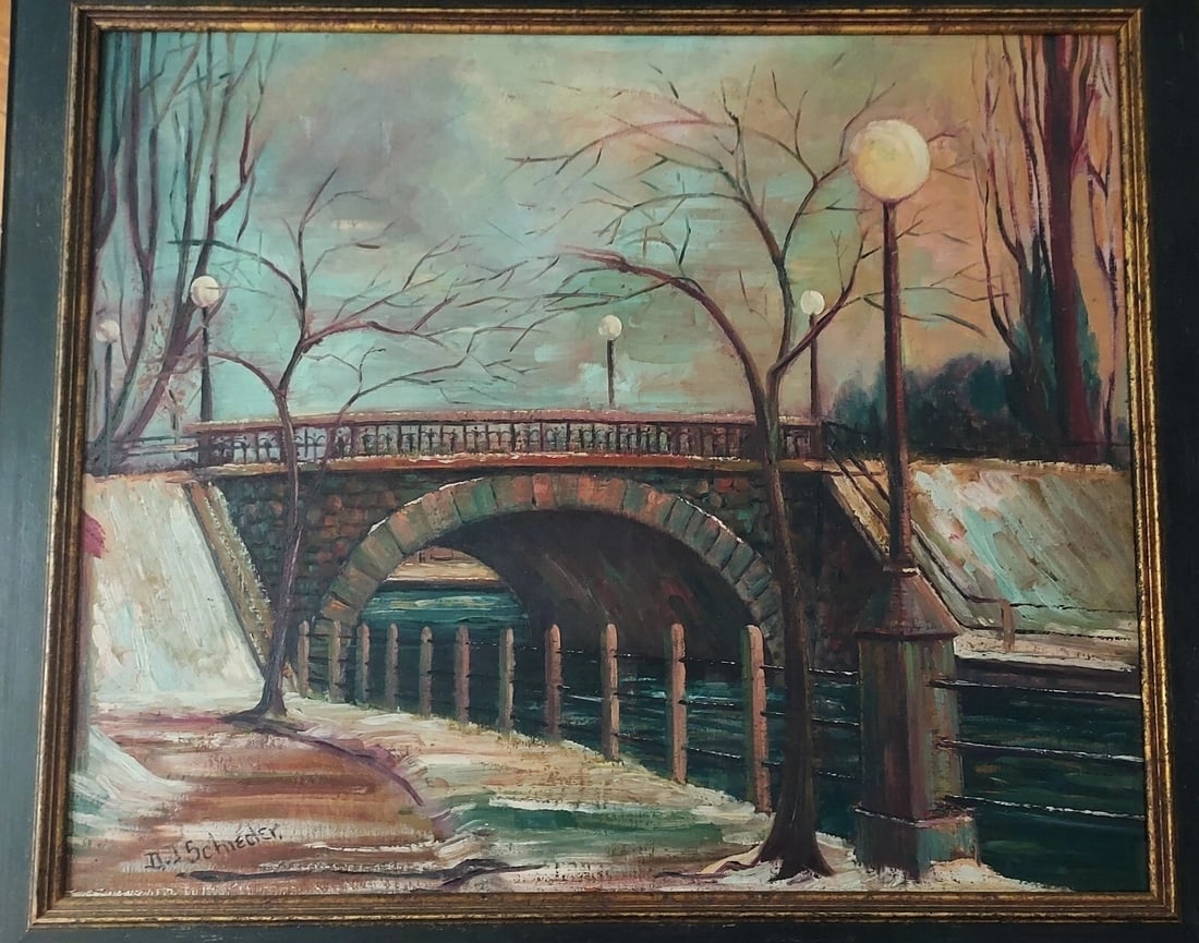 River scene bridge sidewalk lights oil painting on Board D.J Schieder: Great looking piece in Excellent condition. Fantastic looked. Well done. Signed on front . Measures 20 x 24" without frame. Shipping charges include insurance. Shipping: Domestic: Flat-rate of $60.00