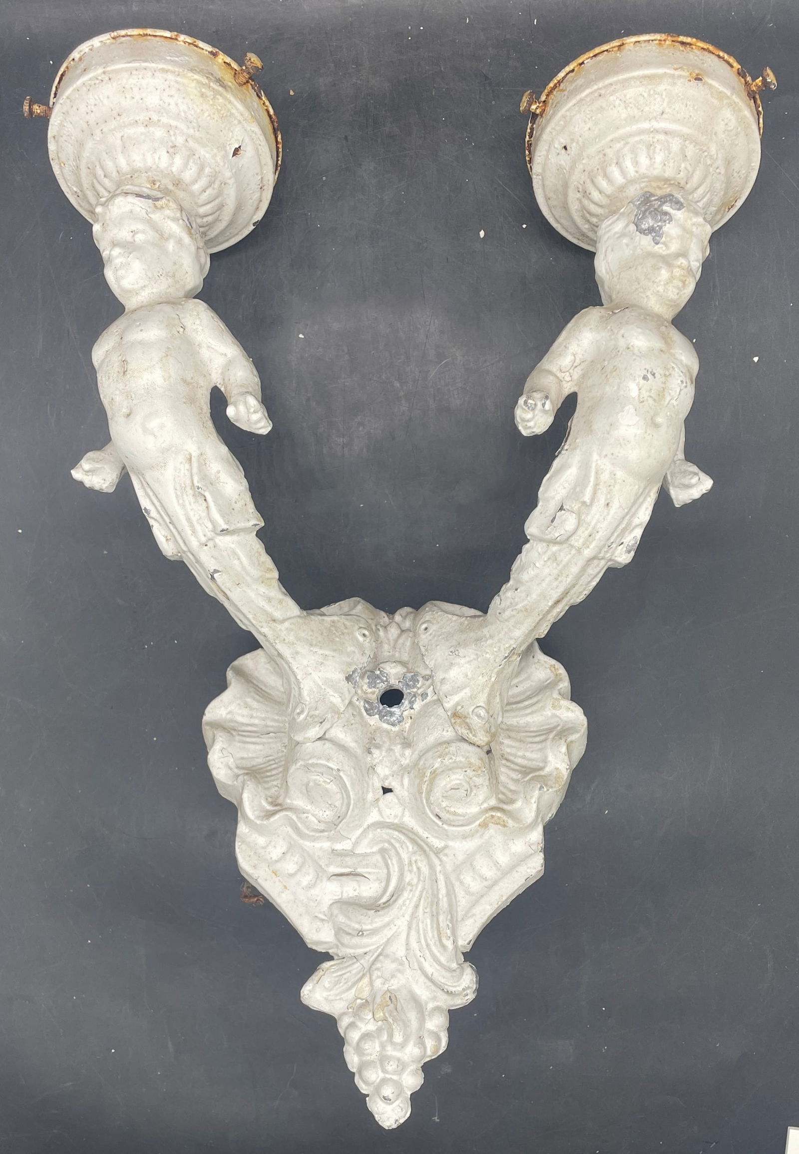 Pair of Antique Cherub Angels Wall Sconce Lights Cast Metal - 2