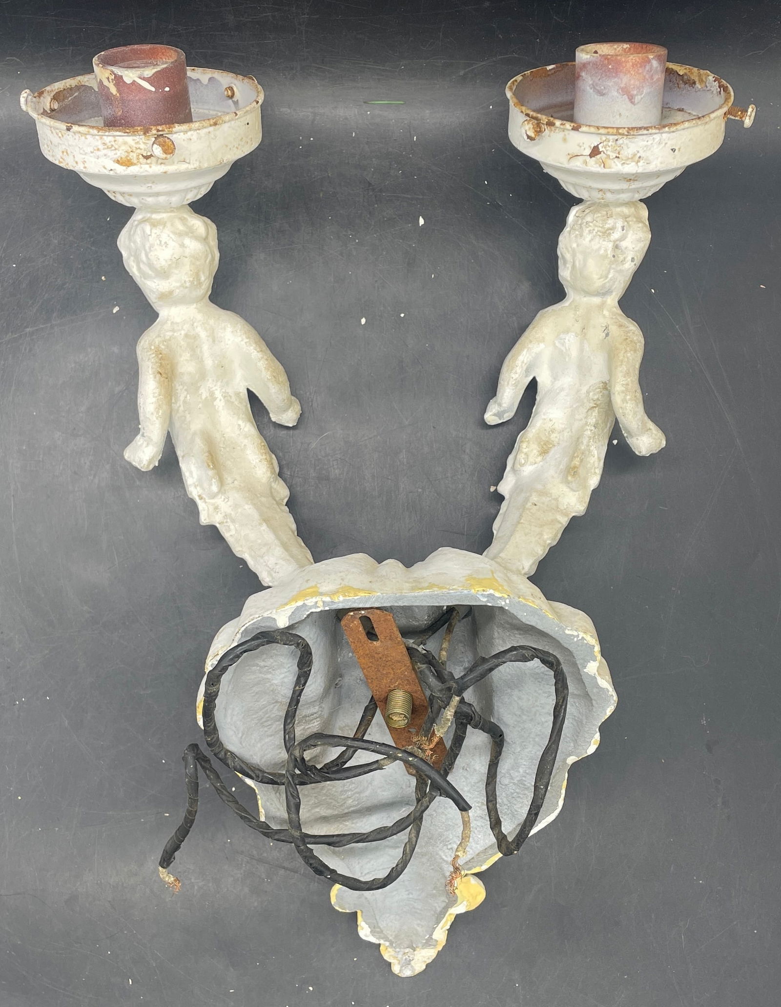 Pair of Antique Cherub Angels Wall Sconce Lights Cast Metal - 5
