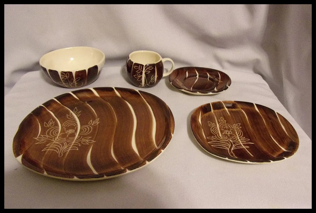 Vintage Six 5 Piece Sets of MCM Purinton Brown Intaglio Slip Ware - 5