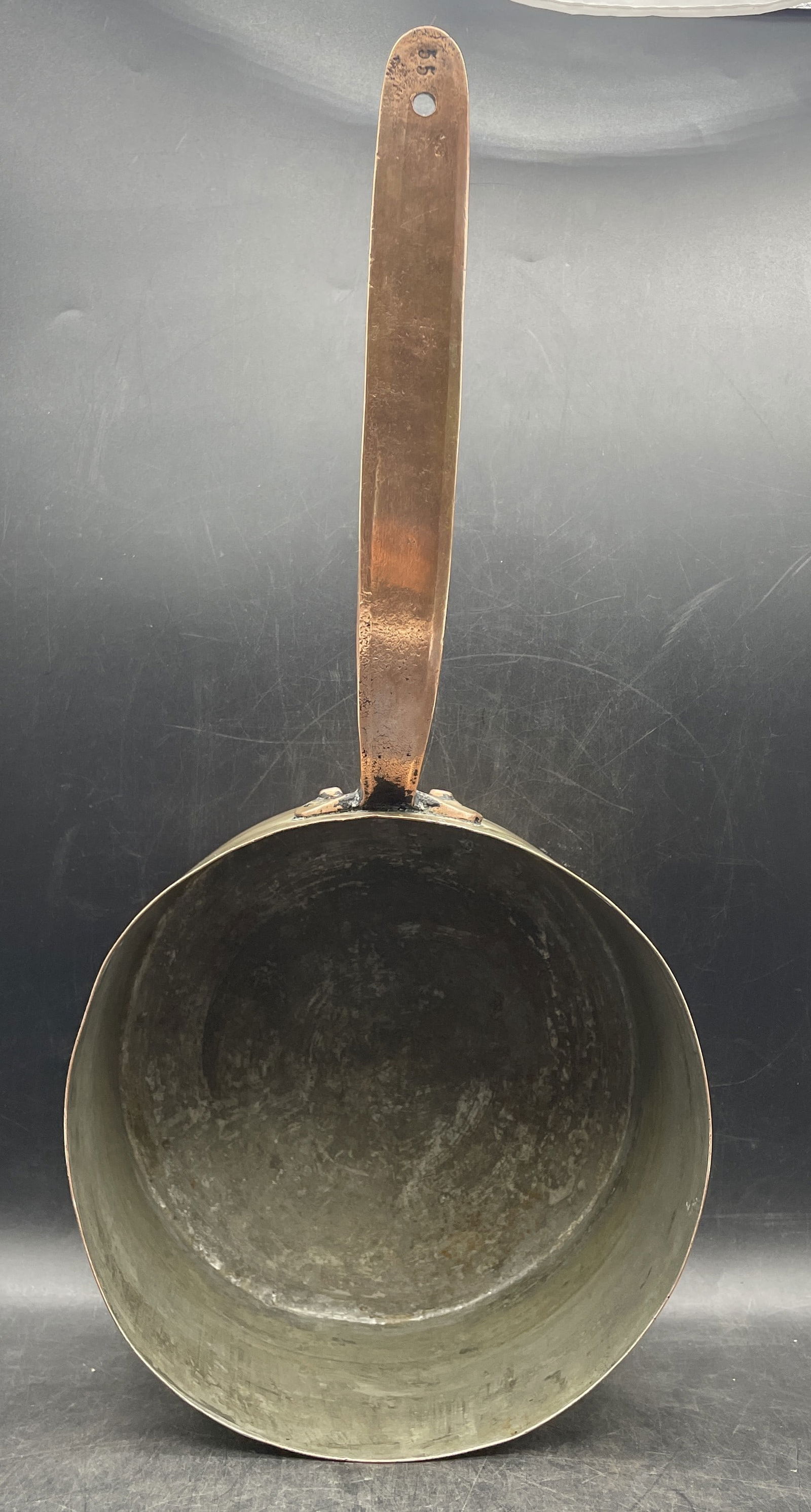 Large hand forged copper pot. Handle marked 55. Capacity 3.75 quarts. - 7