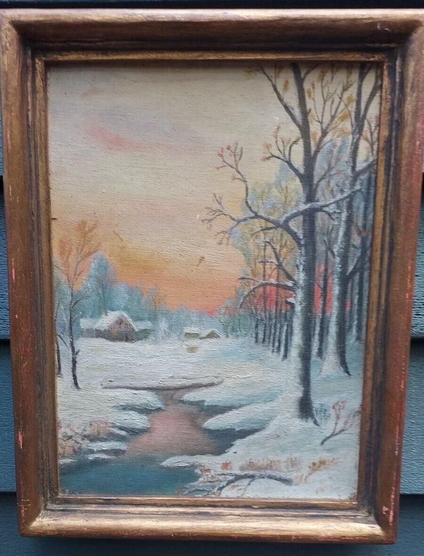 19th century Oil painting woodland winter scene Cabin signed J. Lanfrey (1 of 4)