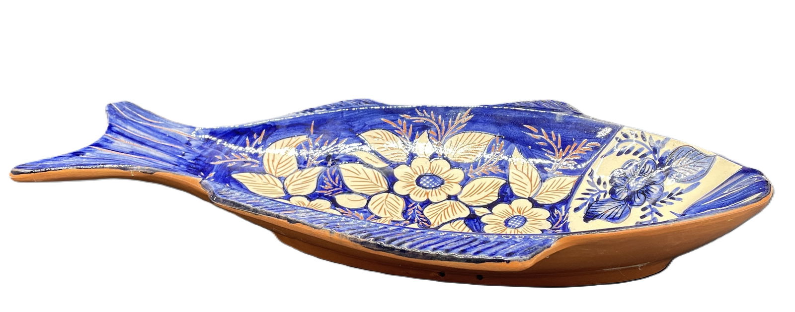 VTG Handpainted White & Blue Fish Platter Portugal Signed - 8