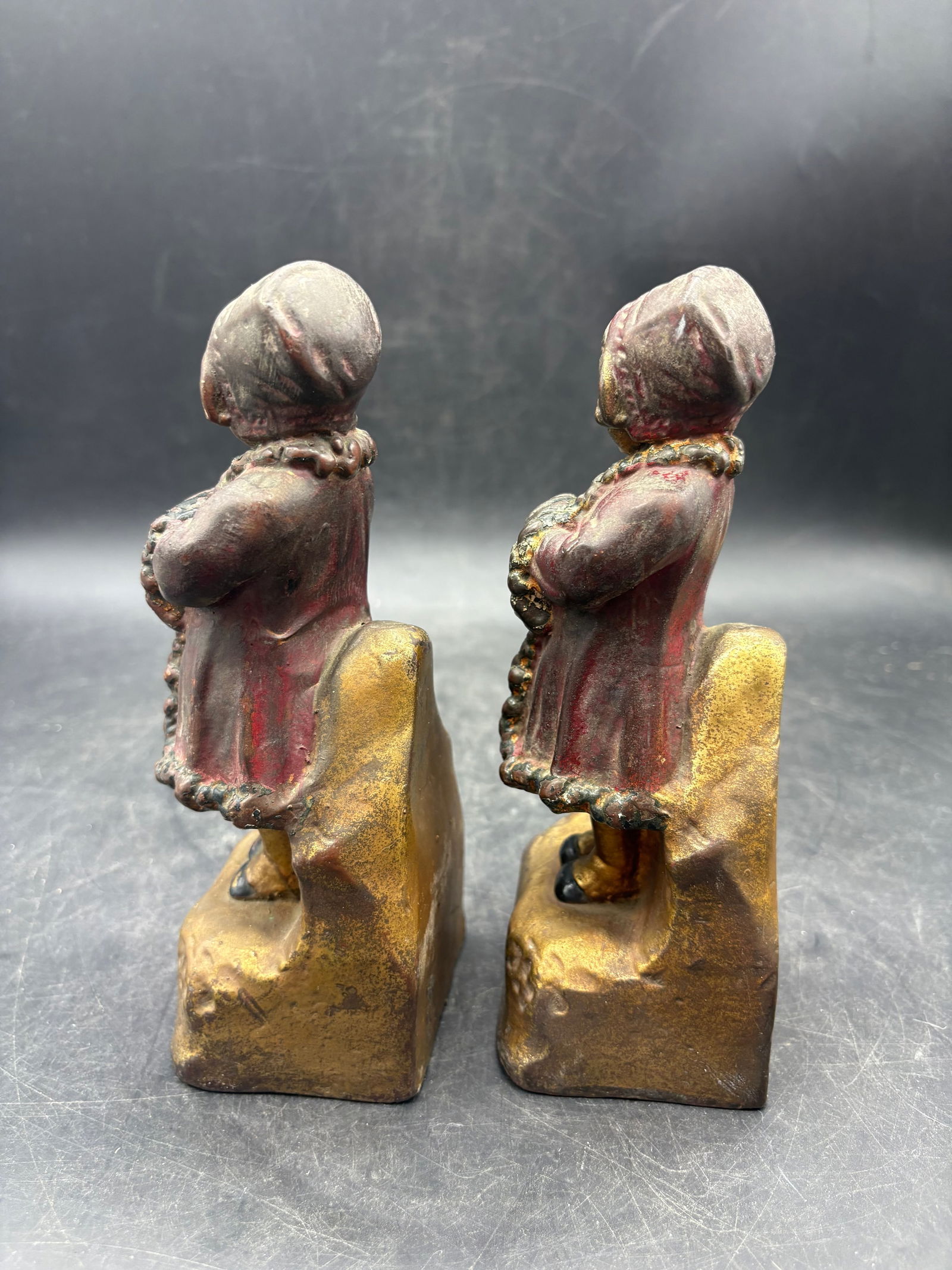 Antique ARMOR BRONZE BOOKENDS Girls W Muffs Winter - 4