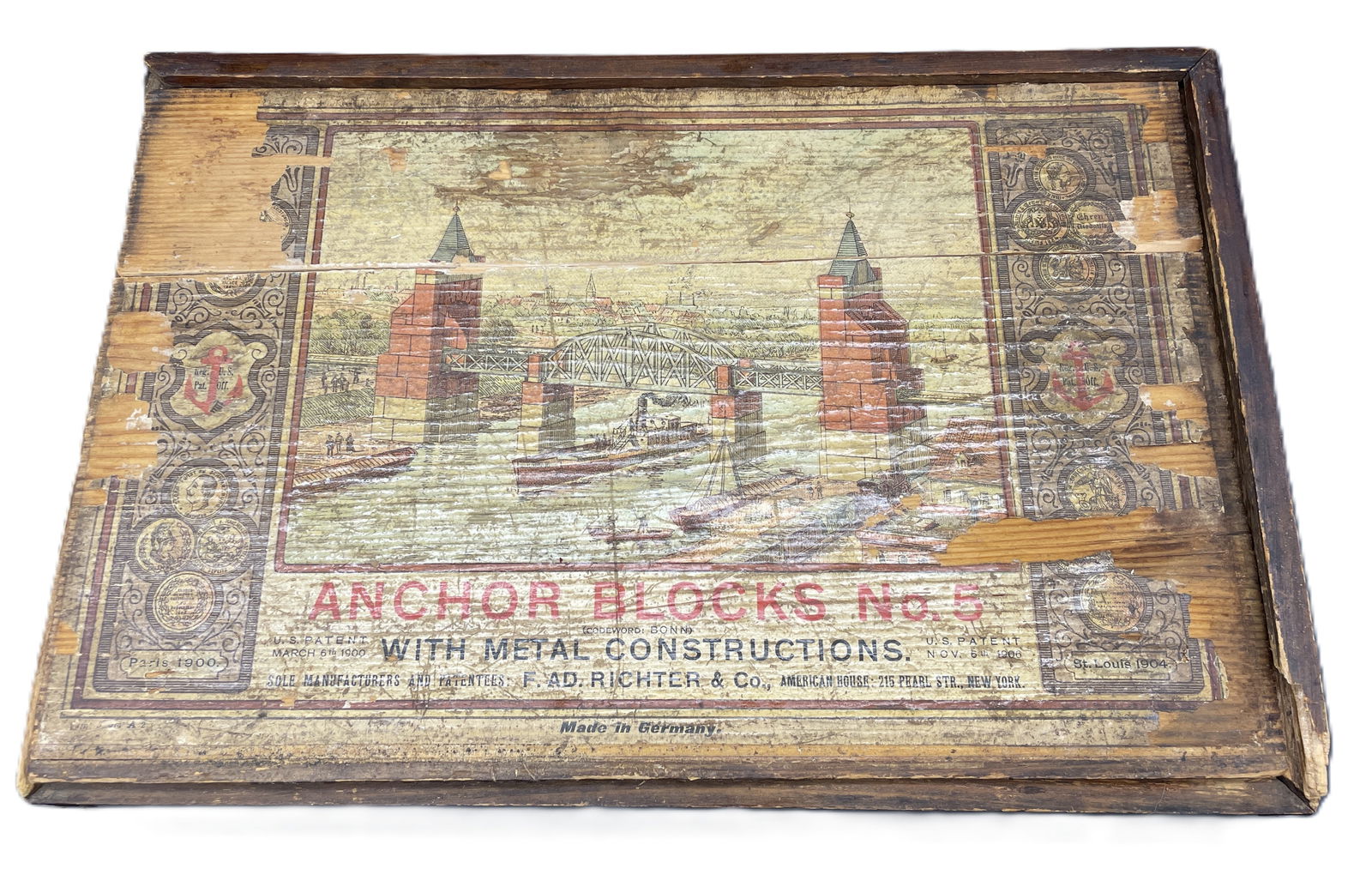 Antique German Richters Anchor 5 Bridges Stone Building Blocks Wood Box Brochure (1 of 8)