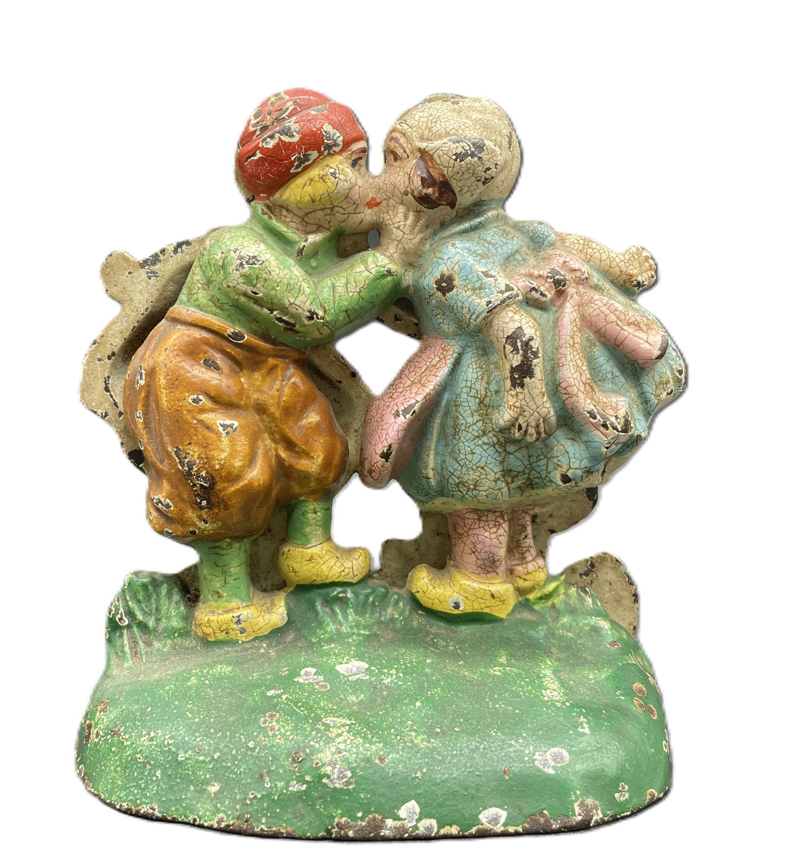 Antique HUBLEY #332 Kissing Dutch Kids Book Ends Doorstop Painted CAST IRON USA - 2