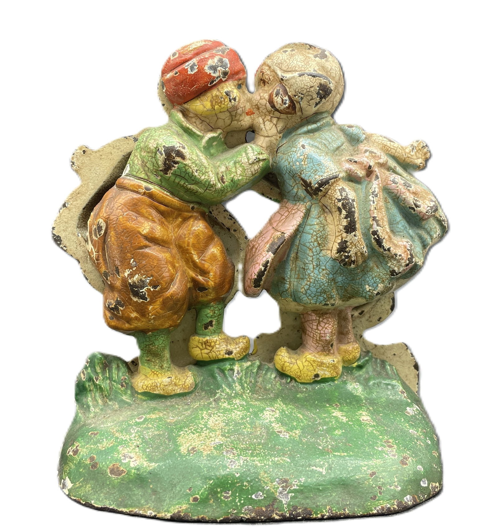 Antique HUBLEY #332 Kissing Dutch Kids Book Ends Doorstop Painted CAST IRON USA - 3