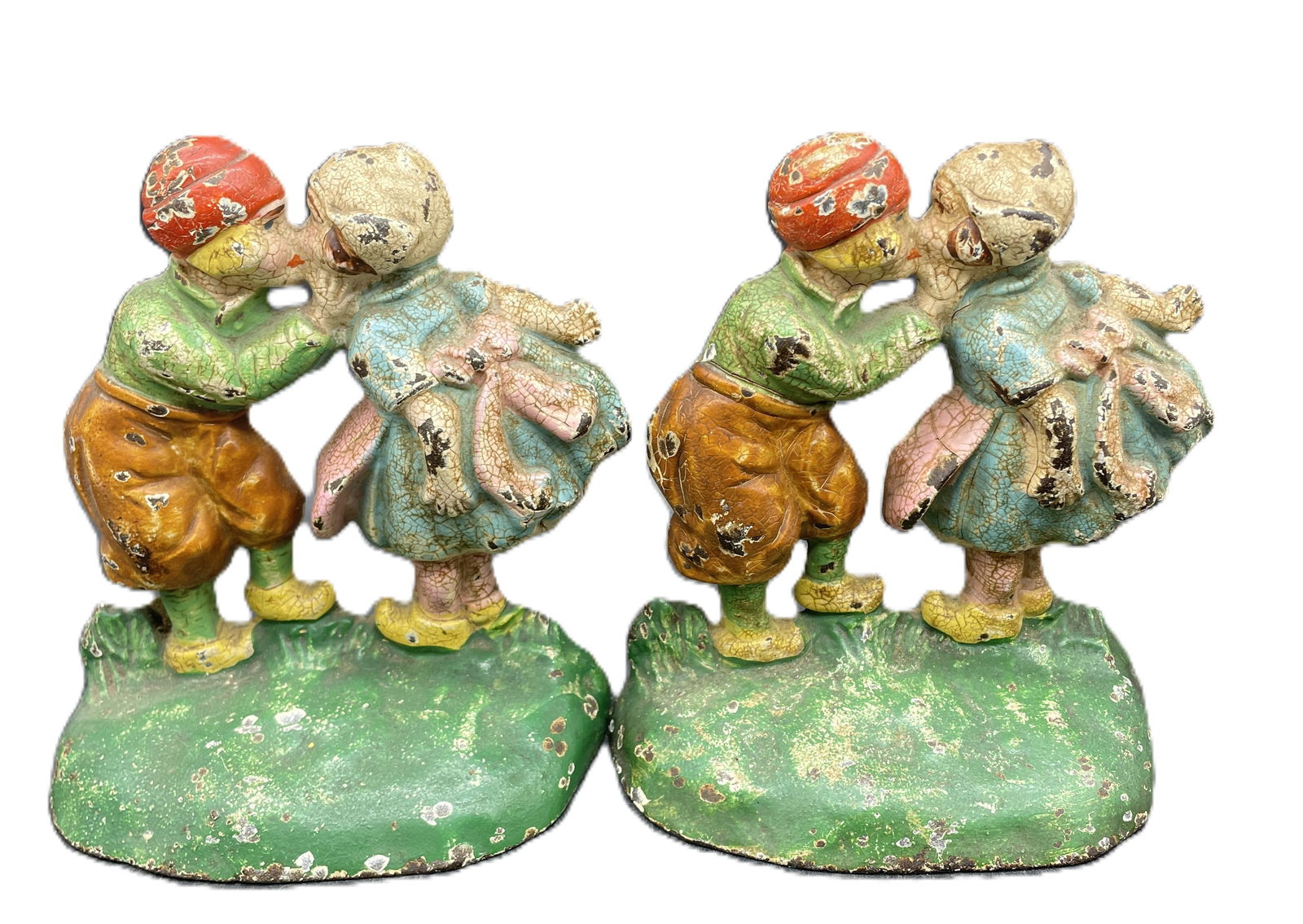 Antique HUBLEY #332 Kissing Dutch Kids Book Ends Doorstop Painted CAST IRON USA - 6