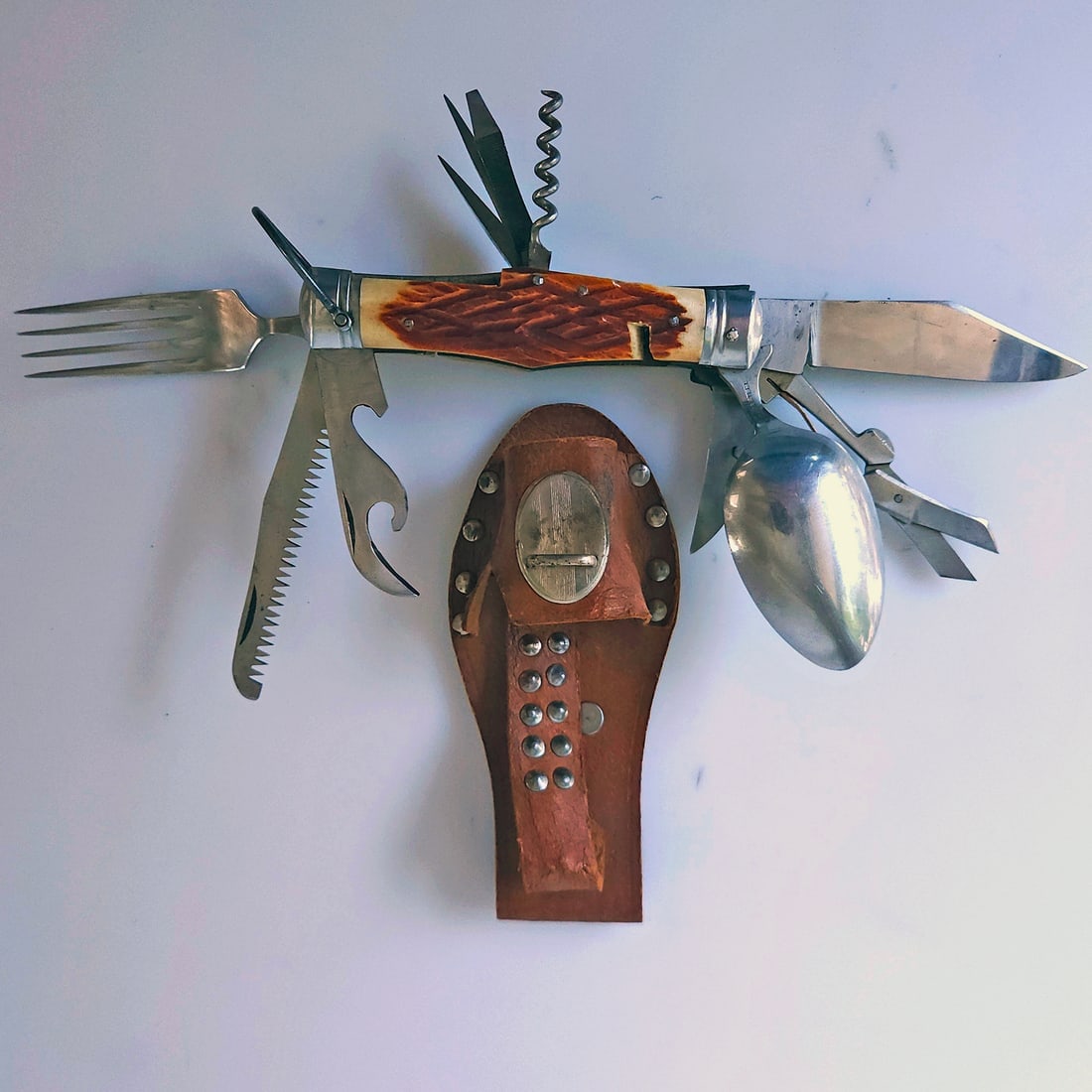 Japanese "Hobo" Multi Tool Camping Knife with Bone Carved Handle - 5