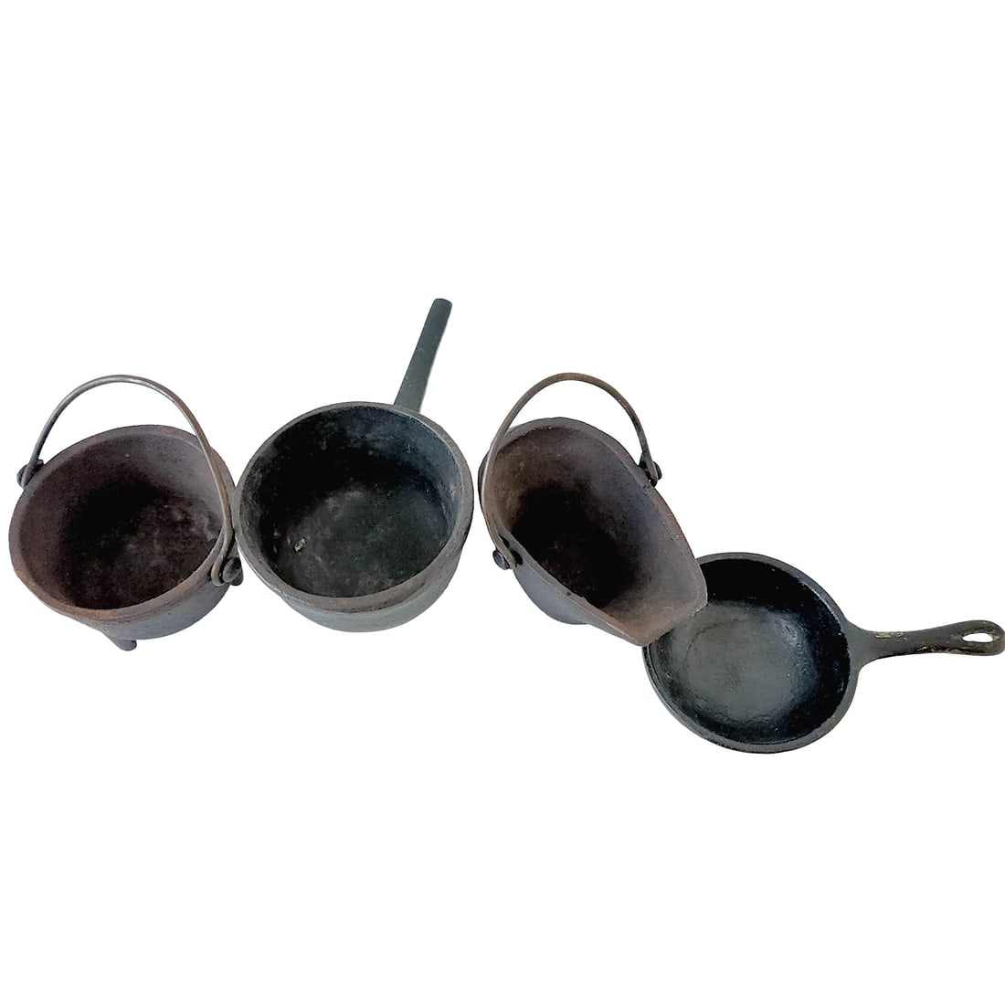 Vintage Cast Iron Miniature Cauldrons Skillet and Coal Scuttle - 2