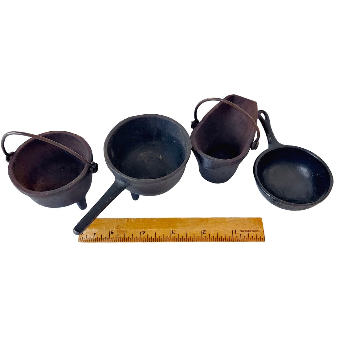 Vintage Cast Iron Miniature Cauldrons Skillet and Coal Scuttle - 3