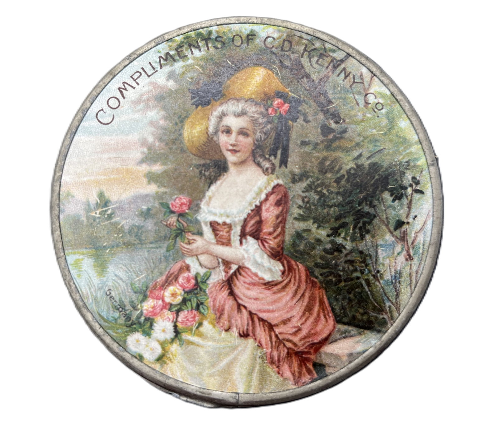 Early 1900's C D KENNY Co. Pocket Mirror Advertising Compact Victorian Lady: Date/Period: approx early 1900's Dimension: approx 3" diam x 0.25" thick Material: mixed materials Additional Information: Early 1900's C D KENNY Co. Pocket Advertising Mirror Compact Shipping: Domest