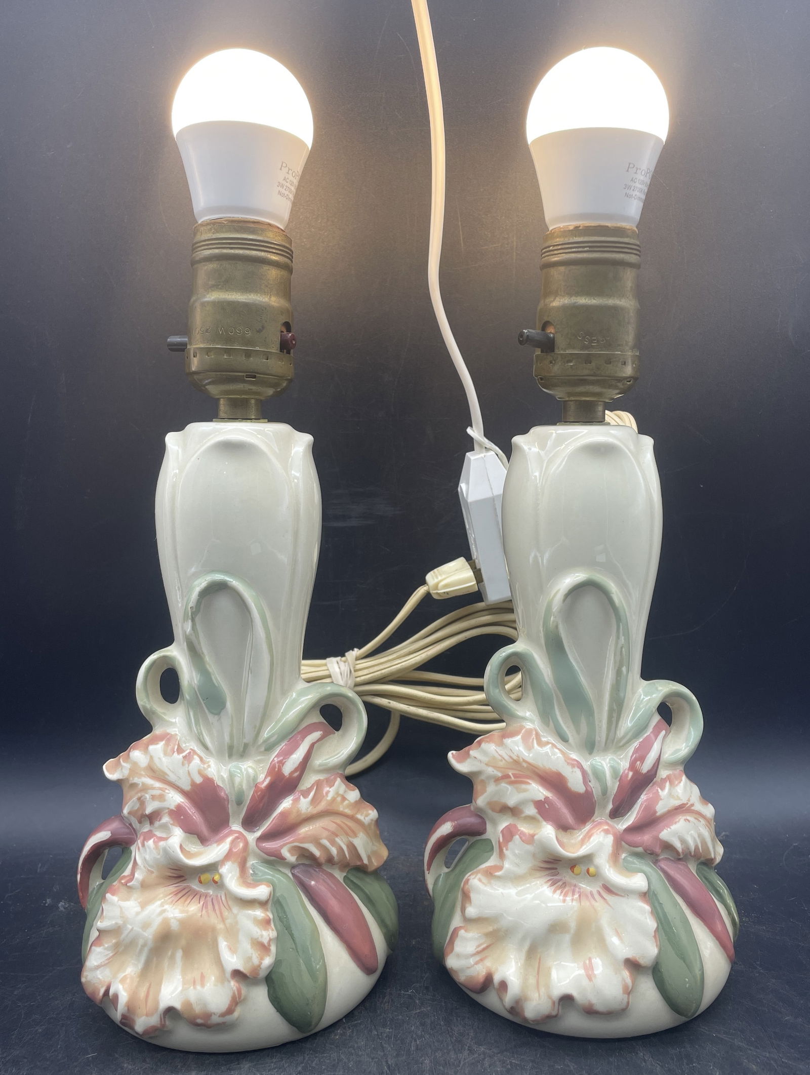 Pair of Vintage WILLIAM F.B. JOHNSON ORCHID Hand Painted Vanity /Dresser Lamps - 2