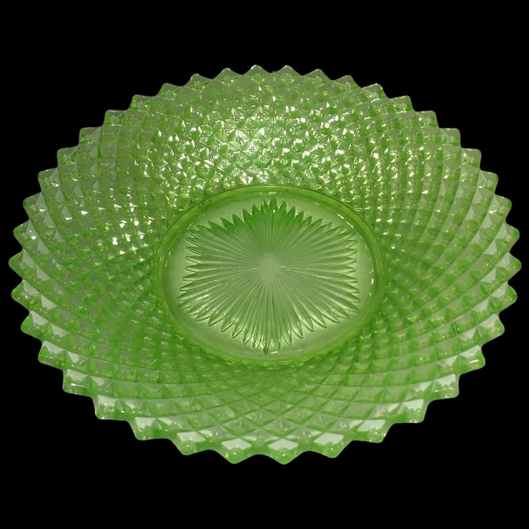 Westmoreland Green Uranium English Hobnail Glass Flared Bowl: This Westmoreland Green Uranium English Hobnail Glass Flared Bowl is in excellent condition. It has a beautiful fluorescent green color under black light (see photo). It measures 9 ¾” in di