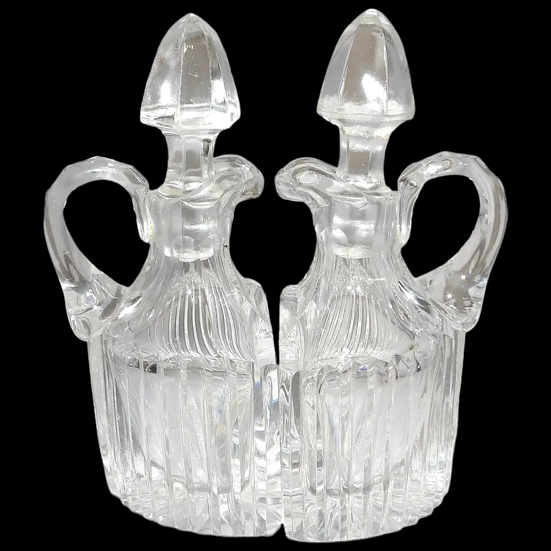 RARE Antique Pair of Flint Glass Flat Sided Cruets: This RARE Antique Pair of Flint Glass Flat Sided Cruets glow apple green under black light. They are in excellent condition. No chips, stains, etc. I did not find another pair like them. They measure