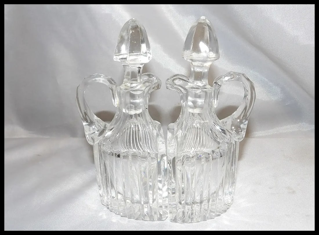 RARE Antique Pair of Flint Glass Flat Sided Cruets - 2