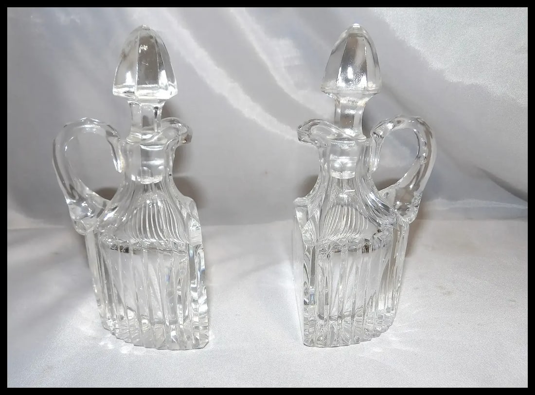 RARE Antique Pair of Flint Glass Flat Sided Cruets - 4