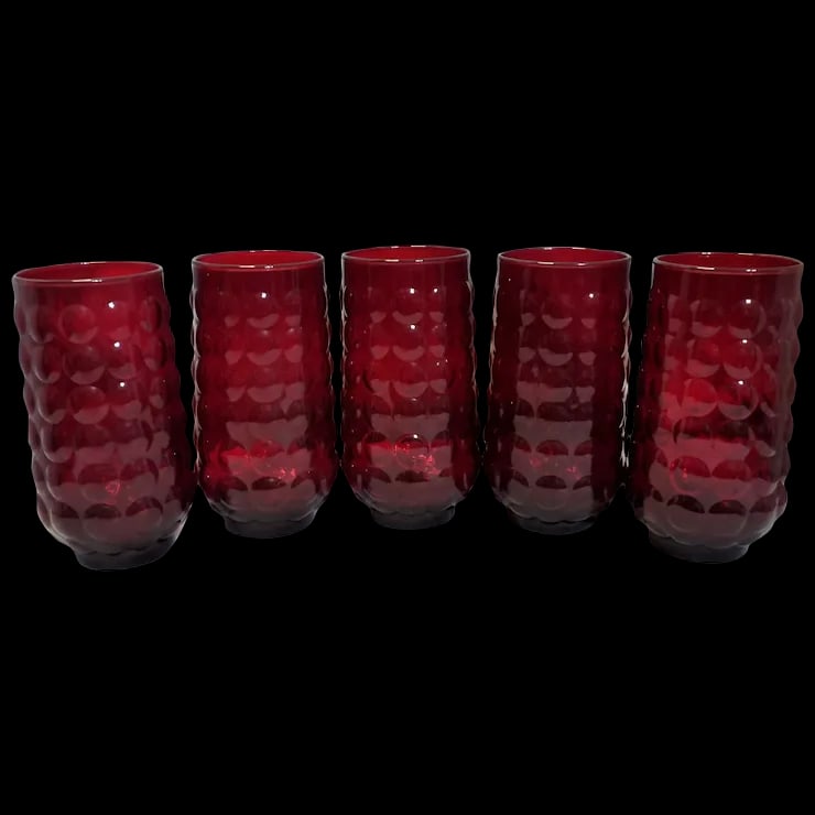 Rare Anchor Hocking Royal Ruby Bubble 16 oz. Lemonade Tumblers: Anchor Hocking manufactured this RARE Royal Ruby Bubble glassware pattern from 1934 to 1965. These lemonade tumblers measure 5 ¾” x 2 5/8” top opening diameter and hold 16 oz. This se