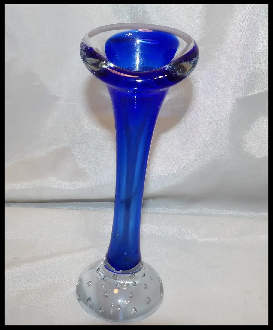 Aseda Swedish Royal Blue with Controlled Bubble Base Art Glass Bud Vase - 2
