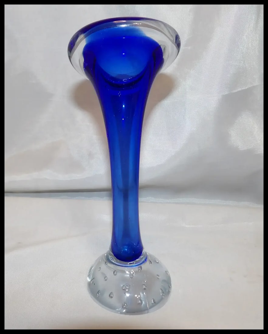 Aseda Swedish Royal Blue with Controlled Bubble Base Art Glass Bud Vase - 4