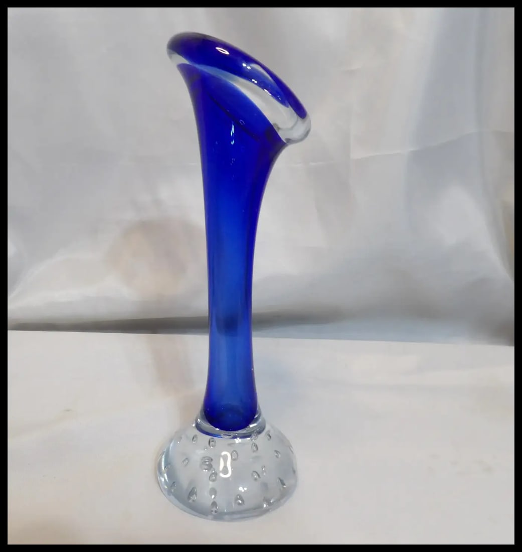 Aseda Swedish Royal Blue with Controlled Bubble Base Art Glass Bud Vase - 5