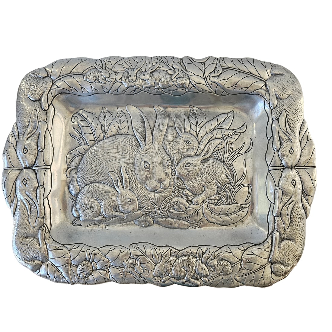 Arthur Court 1990 Cast Aluminum Bunny Rabbits Large Square Serving Platter Tray - 2
