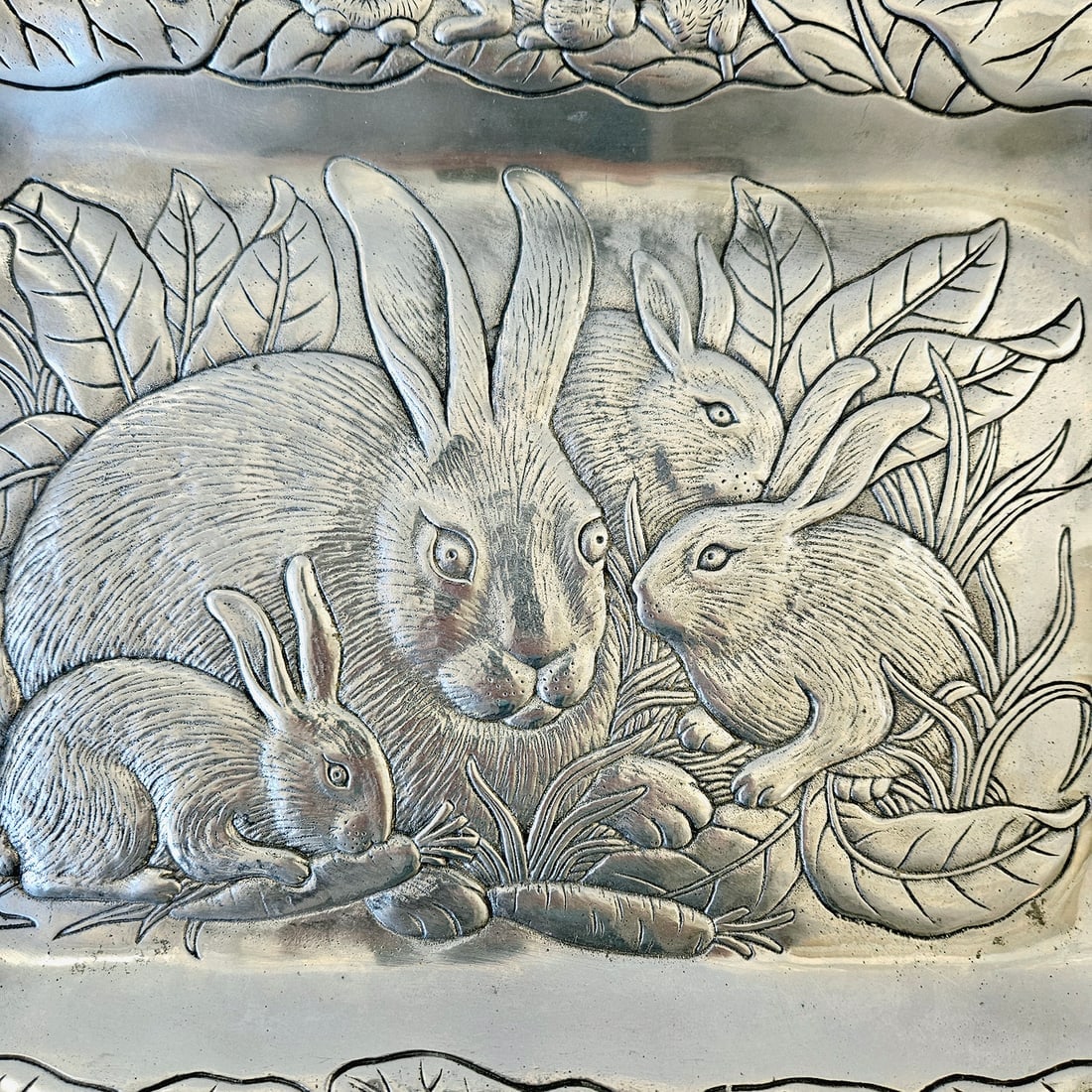 Arthur Court 1990 Cast Aluminum Bunny Rabbits Large Square Serving Platter Tray - 3