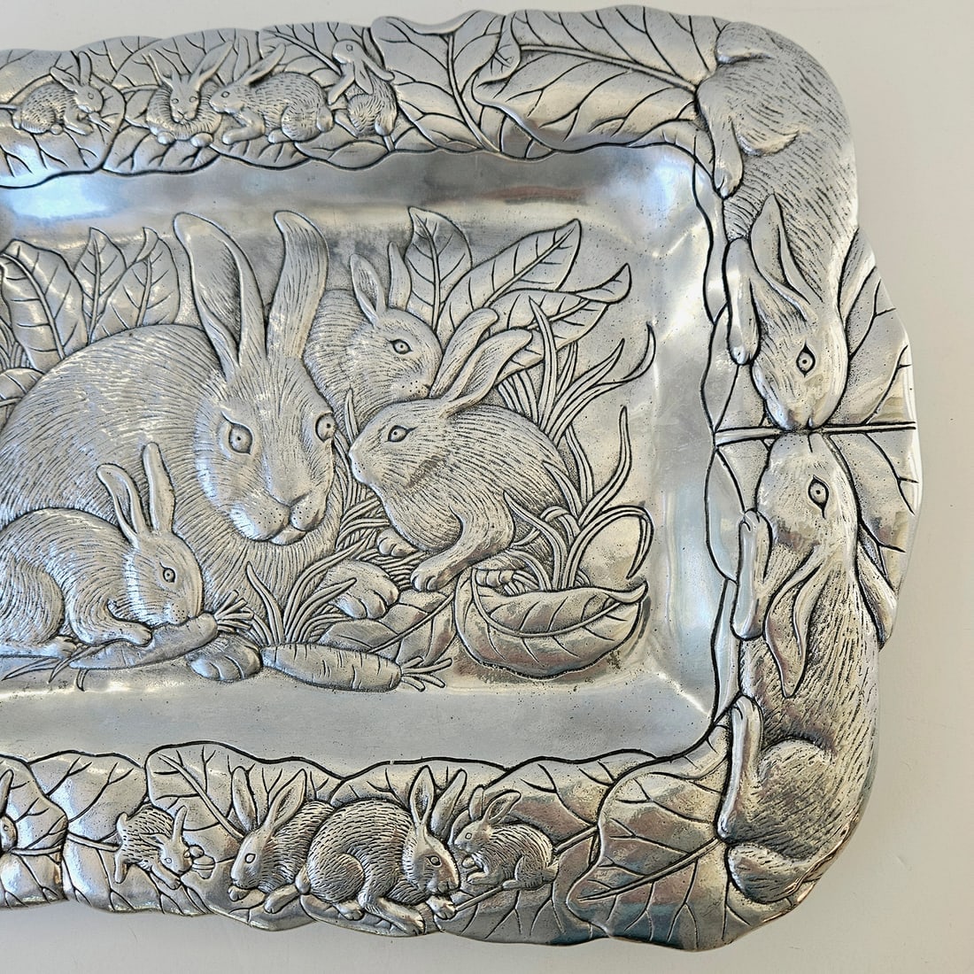 Arthur Court 1990 Cast Aluminum Bunny Rabbits Large Square Serving Platter Tray - 5