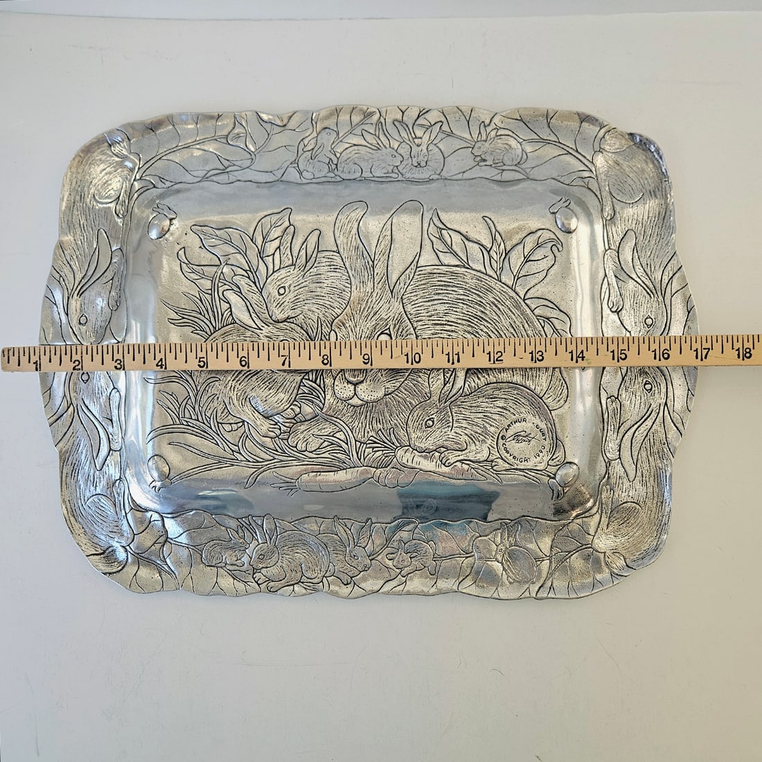Arthur Court 1990 Cast Aluminum Bunny Rabbits Large Square Serving Platter Tray - 7