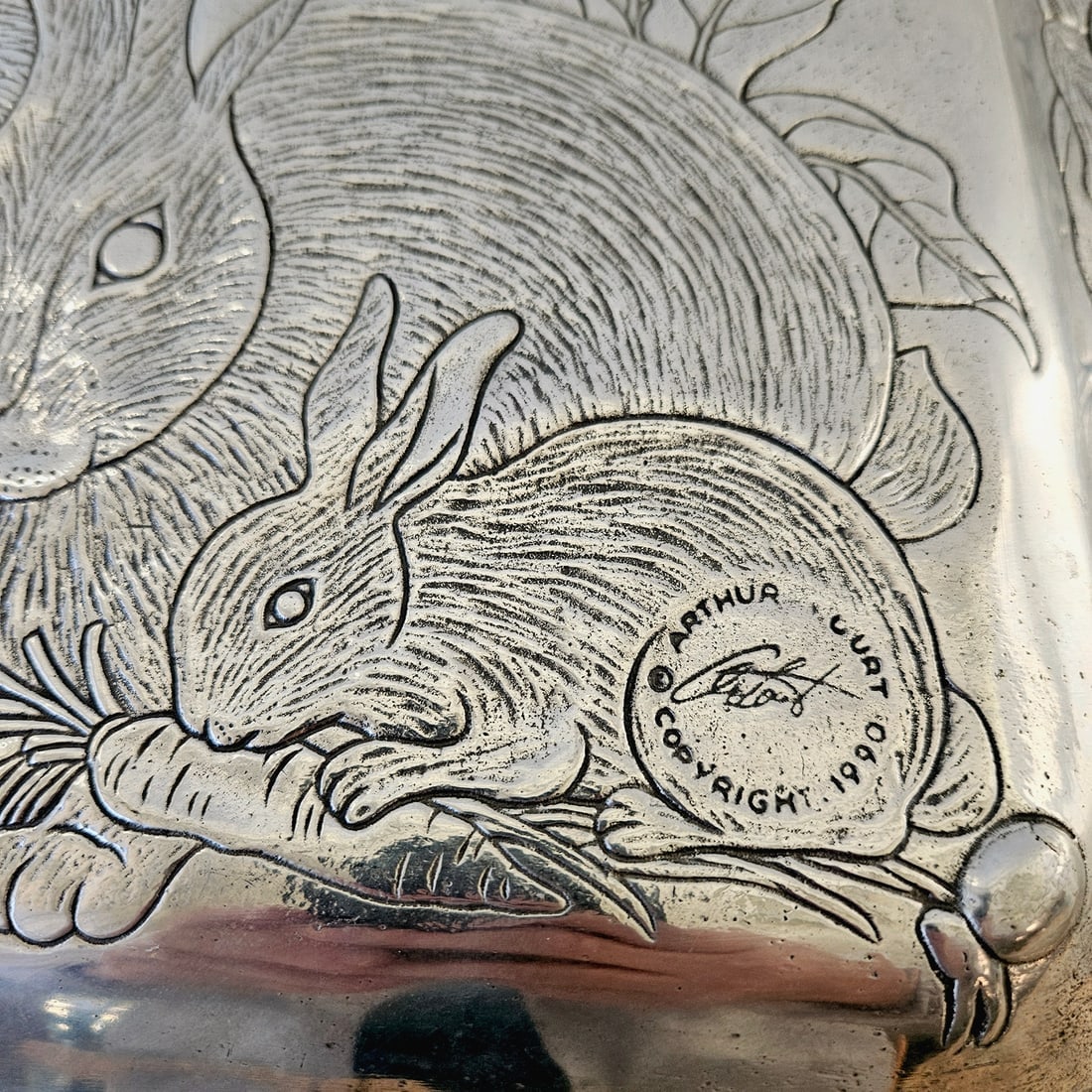 Arthur Court 1990 Cast Aluminum Bunny Rabbits Large Square Serving Platter Tray - 8