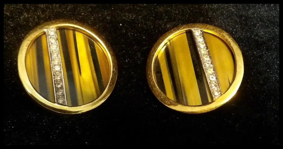 1960s Modernist Signed Trifari Earrings with Tiger’s Eye Gemstones and Rhinestones - 2