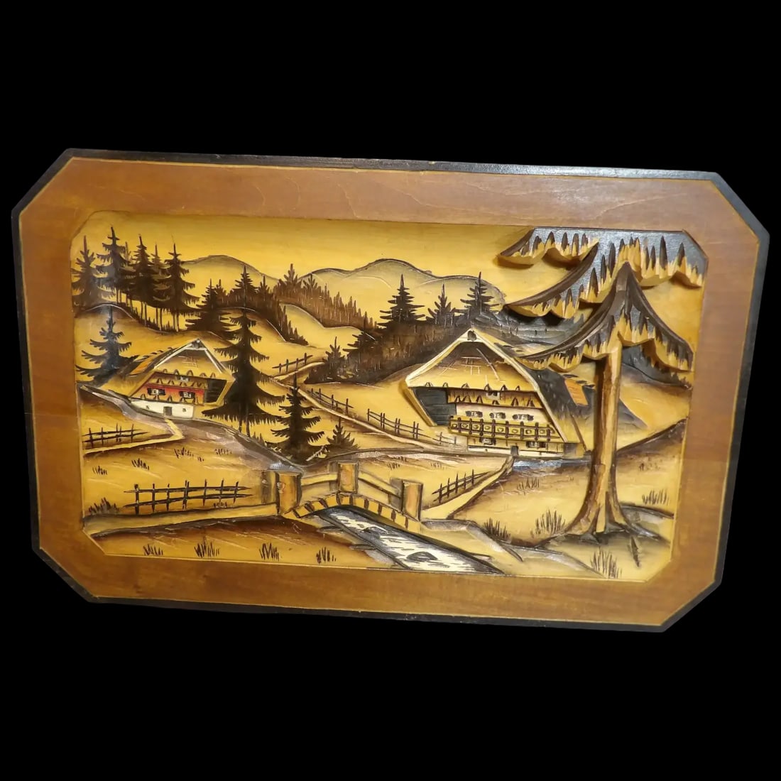 Mid Century Hand Carved German Wood Chalet Scene: This Mid-Century Hand Carved German Wood Chalet Scene is in very good to excellent condition. NO chips, breaks, but outside black could be repainted and it would look like new. Clean with brush or