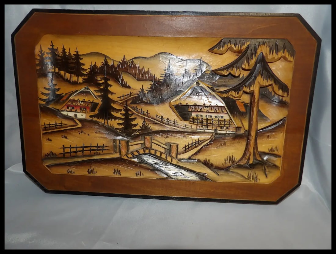 Mid Century Hand Carved German Wood Chalet Scene - 5