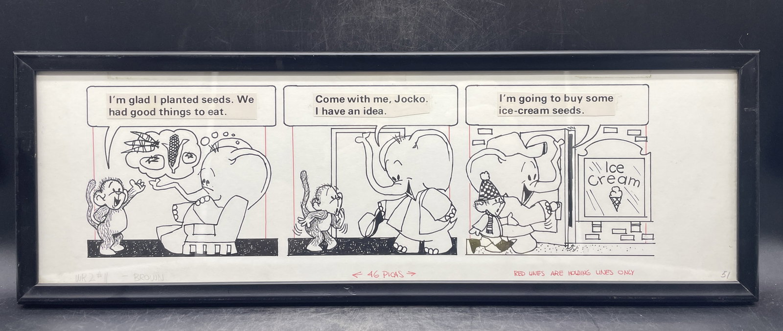 1975 Original Peanut & Jocko Comic Strip Art Weekly Reader Framed: Date/Period: 1975Dimension: Approx 19.5 x 7Material: pen on paperAdditional Information: 1976 Original Peanut & Jocko Comic Strip Art Weekly Reader. Artist Don Robison Shipping:Domestic: Flat-rate