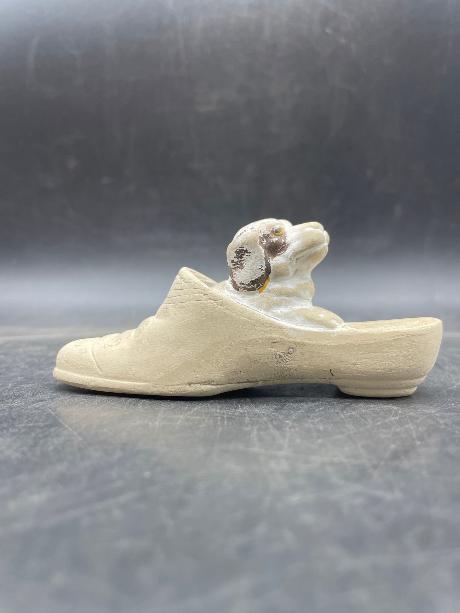 Vintage Bisque Puppy Dog In A Slipper Shoe Figurine Good Morning - 2