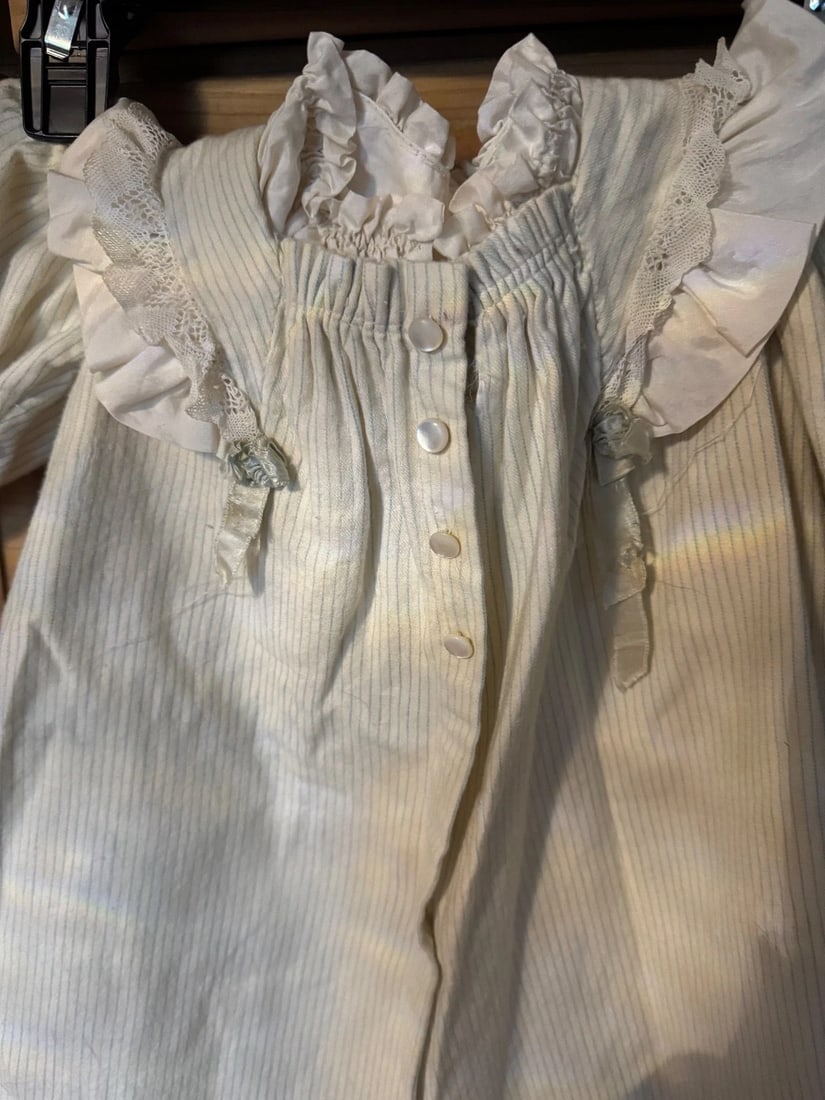 Antique edwardian baby Doll Dress coat 1900s cream /blue stripe - 13