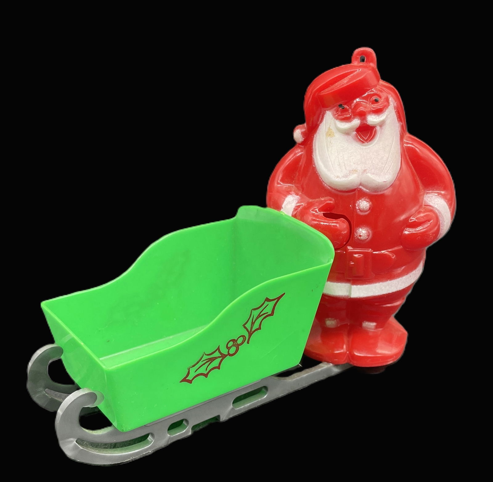 VINtage HARD PLASTIC CANDY CONTAINER WAVING SANTA SLED SLEIGH GREEN TOBOGGAN - 2