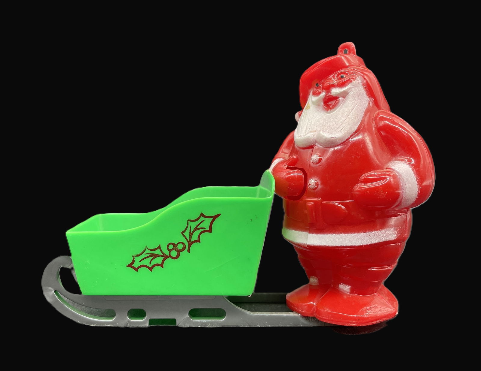 VINtage HARD PLASTIC CANDY CONTAINER WAVING SANTA SLED SLEIGH GREEN TOBOGGAN - 3