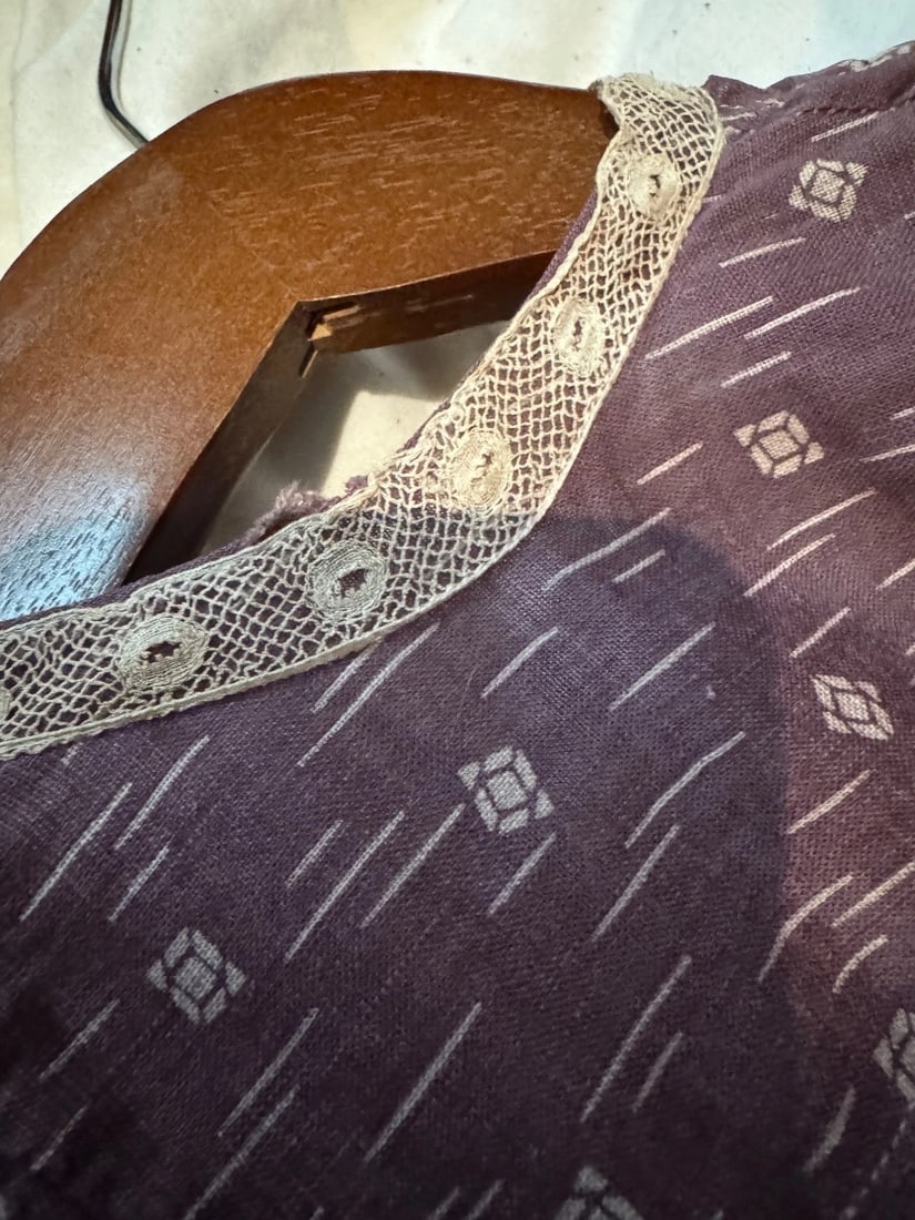 Antique DOLL dress cotton striped handmade primitive 19th c original - 7