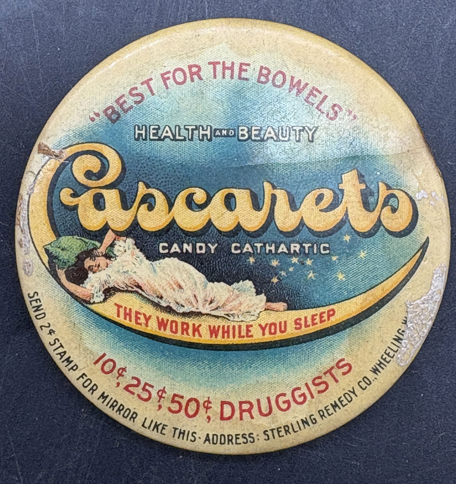Antique Advertising Pocket Mirror Cascarets "Best For The Bowel's" Wheeling WV (1 of 6)