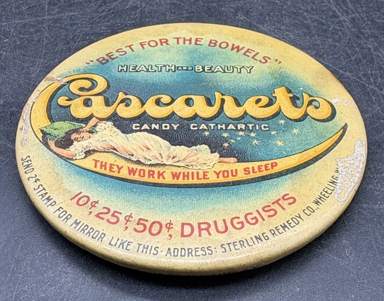 Antique Advertising Pocket Mirror Cascarets "Best For The Bowel's" Wheeling WV - 2